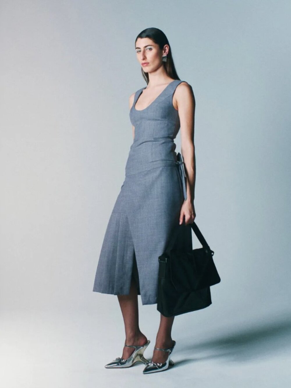 '90s Office Siren Coded Slate-Gray Pleat Midi Skirt from Mode Mischief Studios